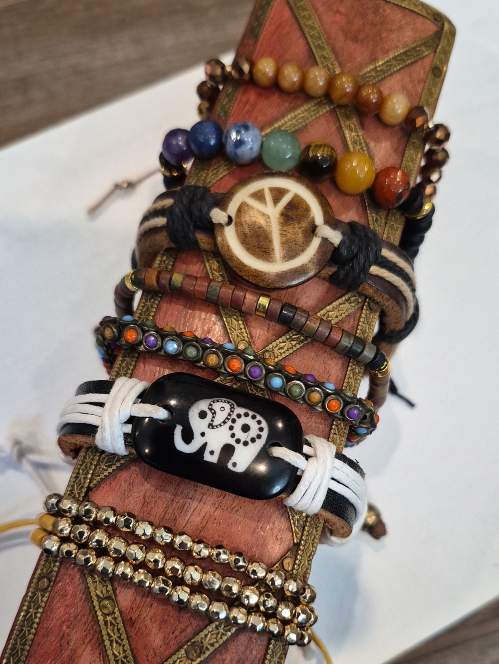 Bohemian Boho Adjustable Length Bracelets, Set of 7, Beaded, Elephant, Peace